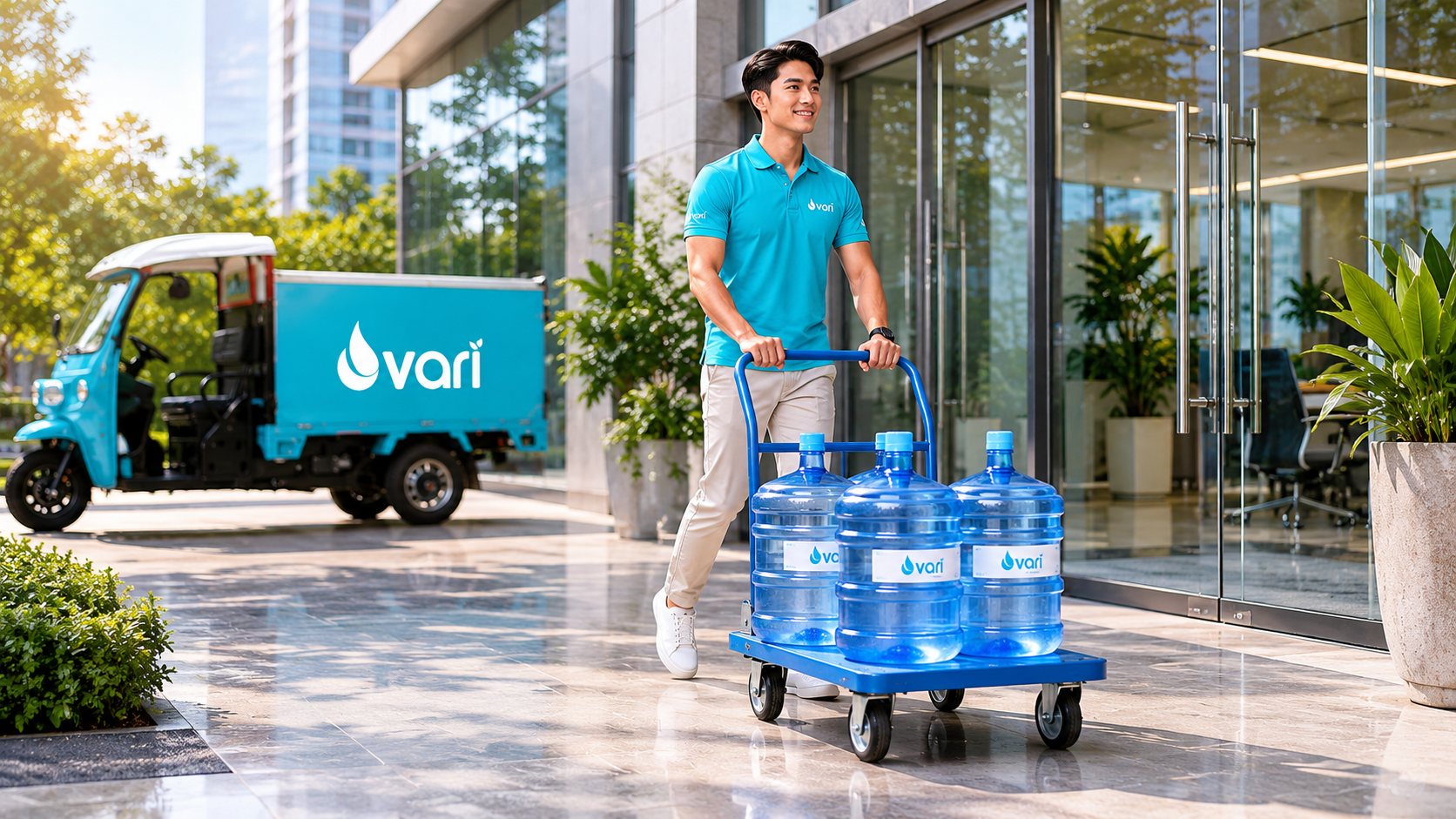 VARI delivery team — ທີມສົ່ງນ້ຳ ວາຣີ ສົ່ງເຖິງຫ້ອງການ
